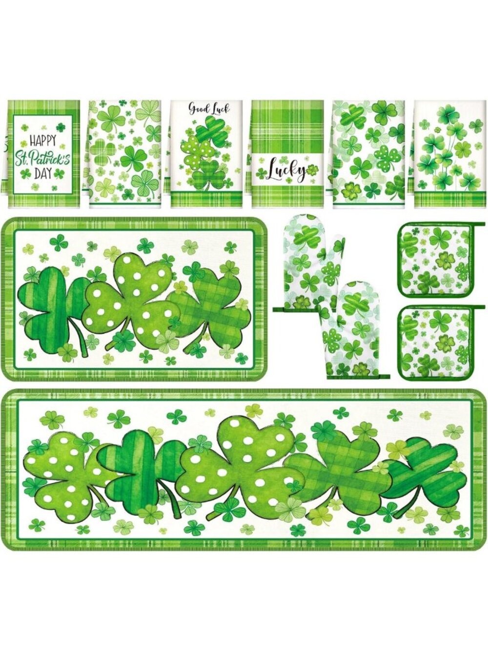 St. Patrick's Day Kitchen Decor Set - 12 Pcs with Towels, Rugs, Oven Mitts & Pot